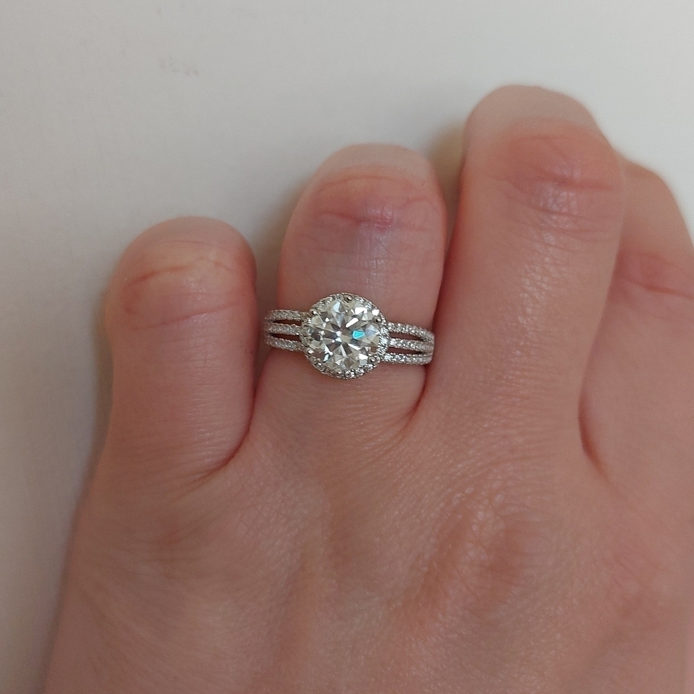 2 Carat Round Moissanite Platinum and Rhodium Plated 925 Silver Ring - Picture 12 of 14